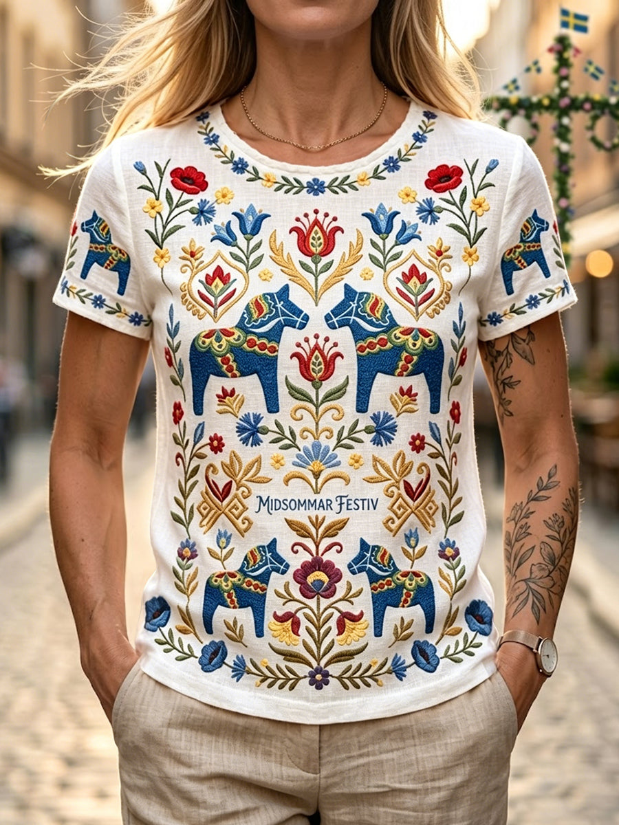 Kvinnor Retro Svenska midsommar Floral & Dala Horse Bomull-Linen T-shirt