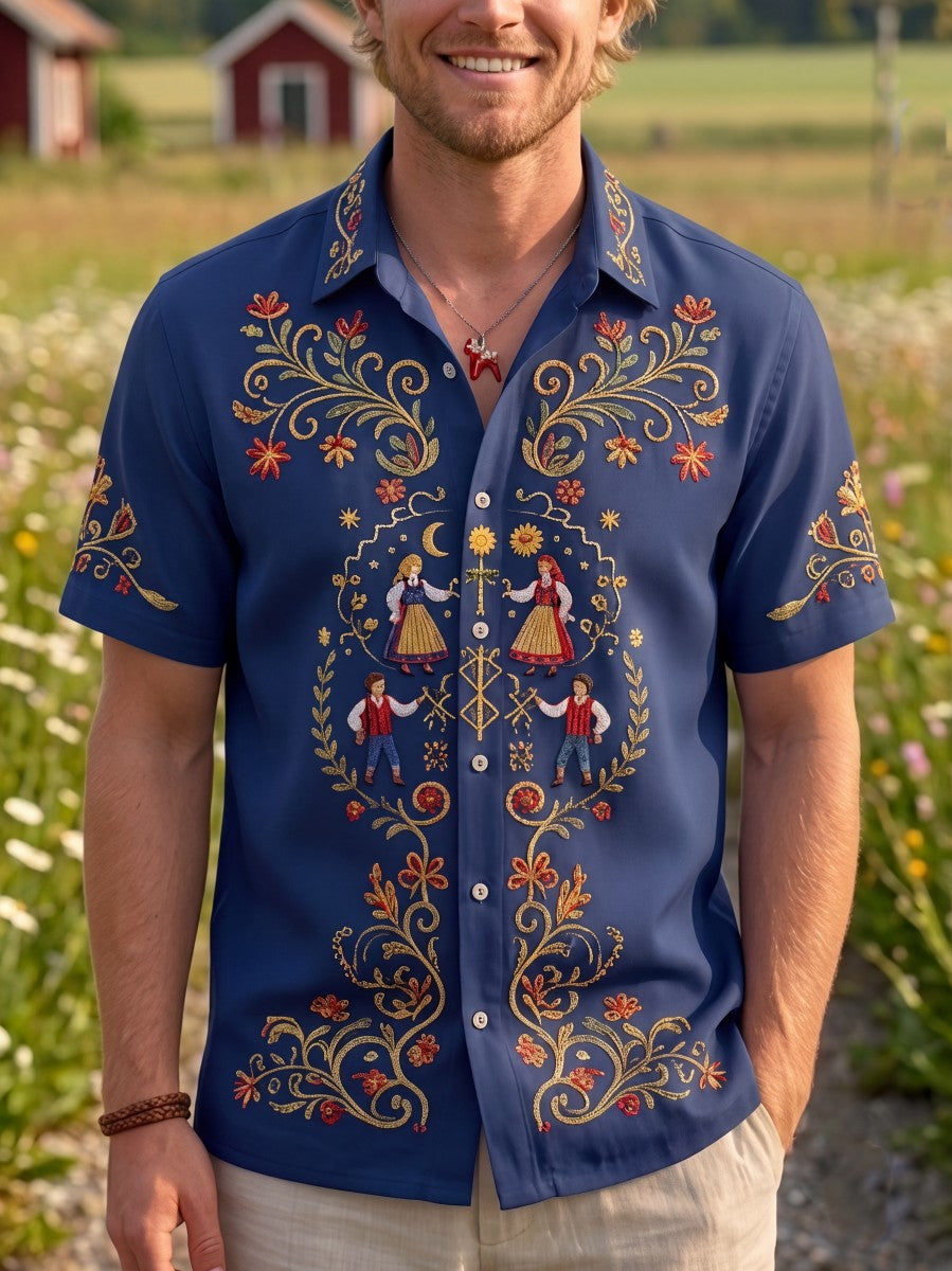 Men's retro Swedish Midsummer folk never-fading floral cotton-linen short-sleeved shirt