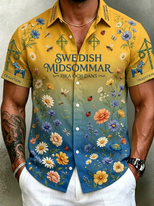 Men's retro Swedish Midsummer folk never-fading floral cotton-linen short-sleeved shirt