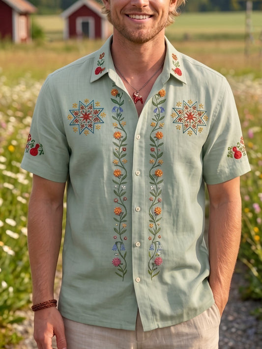 Men's retro Swedish Midsummer folk never-fading floral cotton-linen short-sleeved shirt