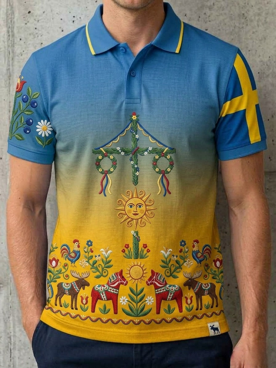 Herrretro svensk midsommarfolkaldrigblommig bomull-linne polotröja med korta ärmarna
