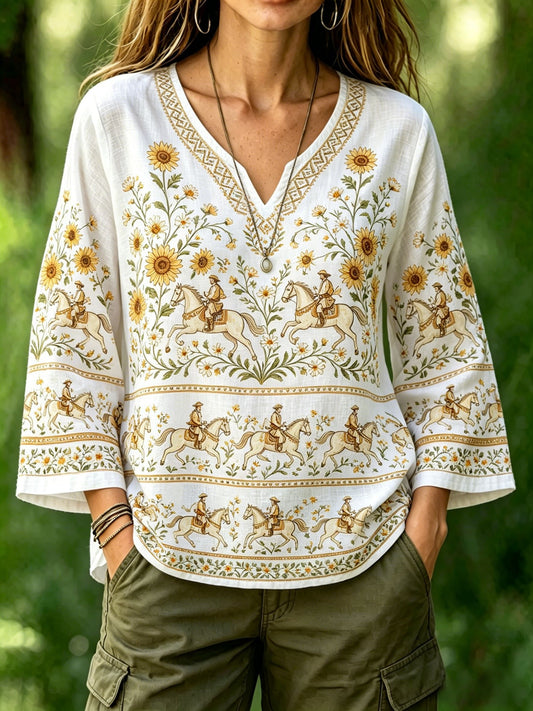 Women's retro Swedish midsummer folk style cotton-linen floral print blouse