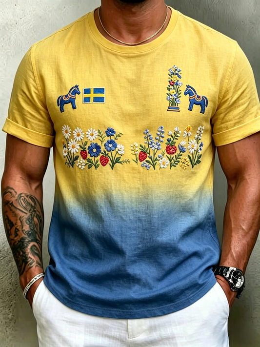 Men's Retro Swedish Midsummer Folk Art Cotton Linen Short Sleeve T-Shirt