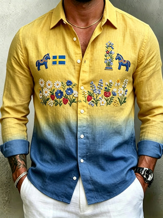Men's retro Swedish Midsummer folk never floral cotton-linen long-sleeved shirt