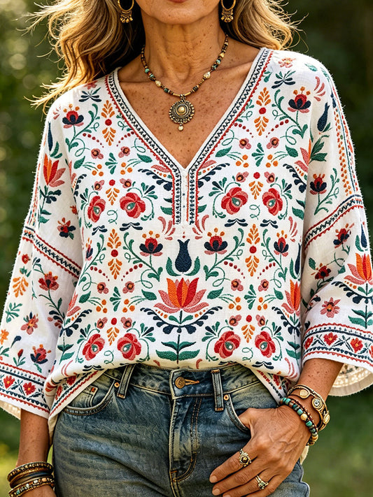 Women's Scandinavian Style Art Print Linen Tops