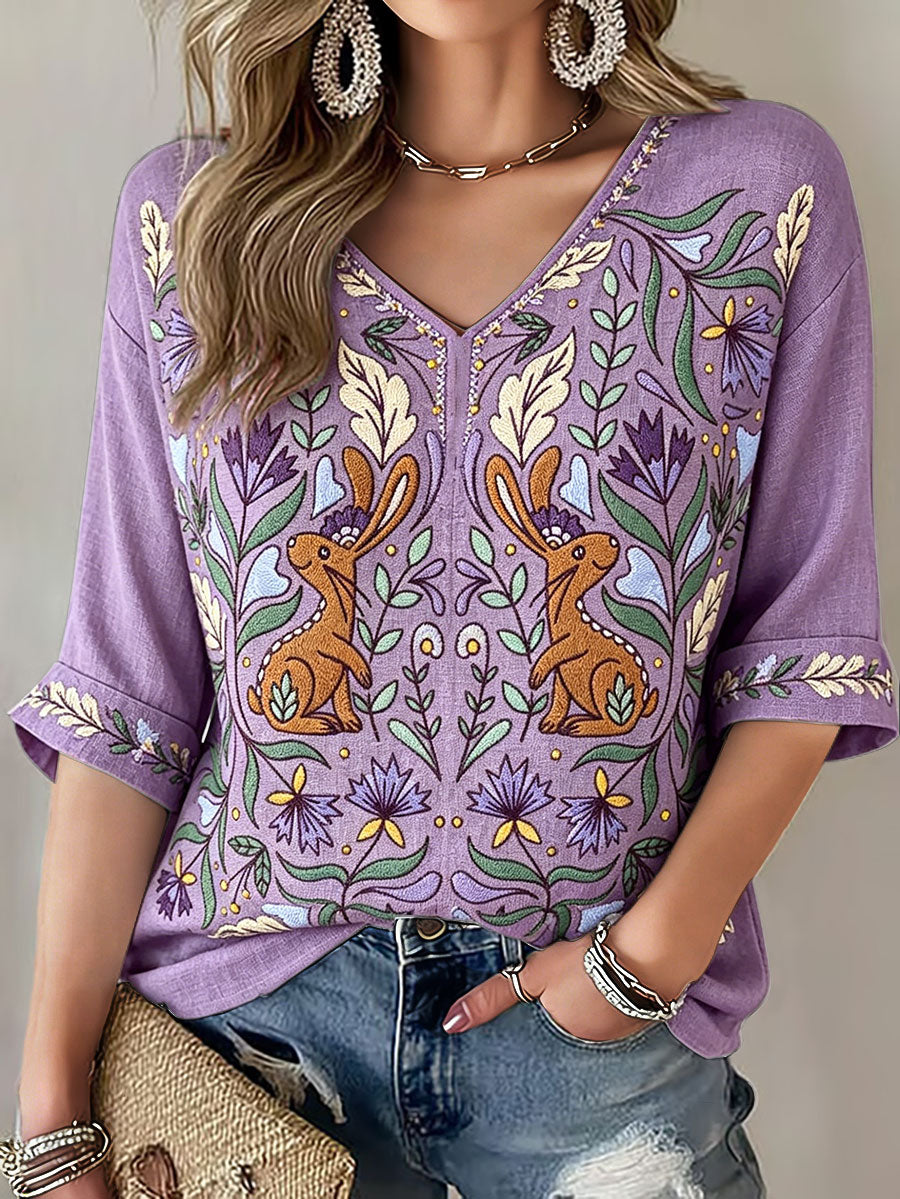 Women's Scandinavian Style Art Print Linen Tops