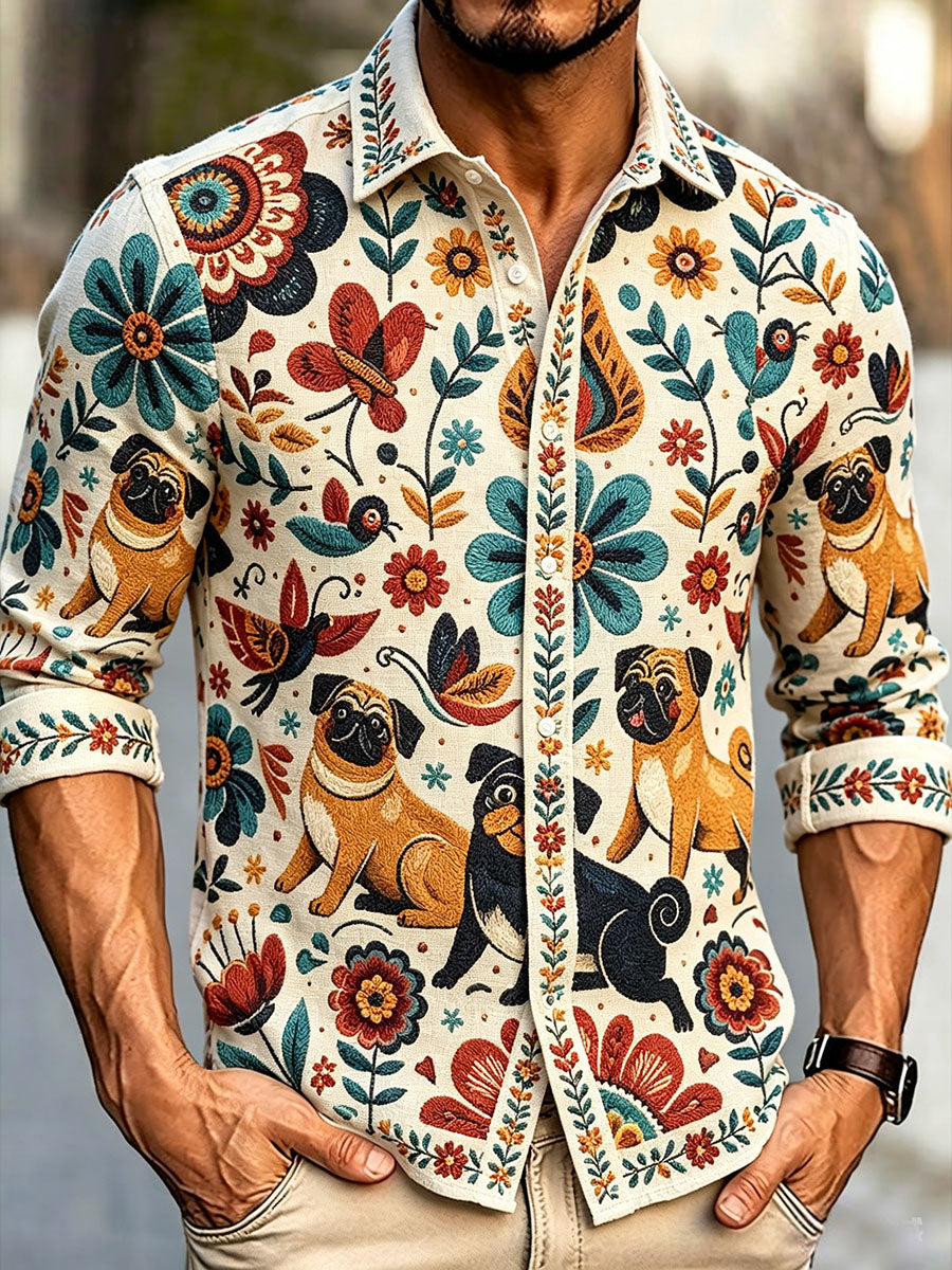Men's shirt in Scandinavian style with art print on linen