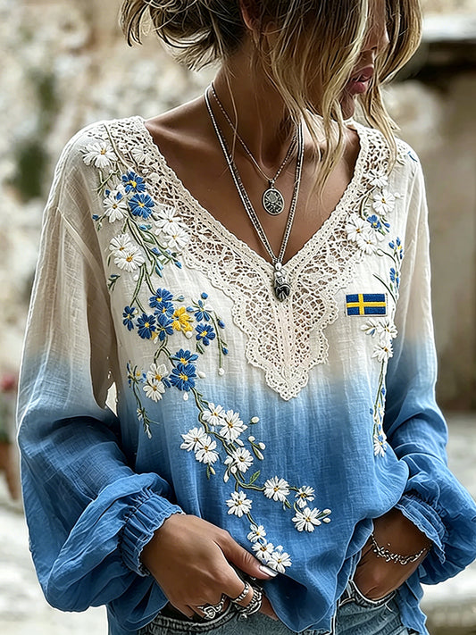 Women's midsummer top in linen blend with floral print and long sleeves
