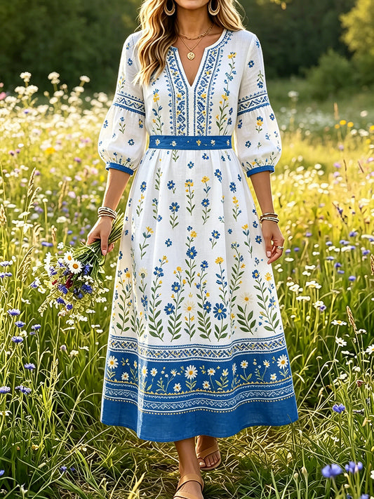 Women's Swedish Midsummer Dala Horse Print Casual Fashion Cotton Linen V-Neck Dress