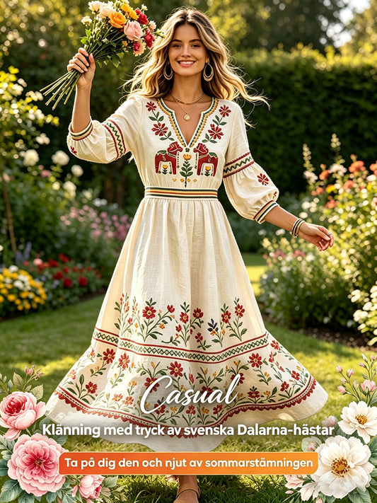 Women's off-white cotton-linen shirt with Swedish Midsummer and Dala horse pattern, V-neck – casual style