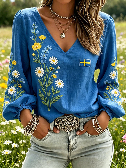 Women's midsummer top in linen blend with floral print and long sleeves