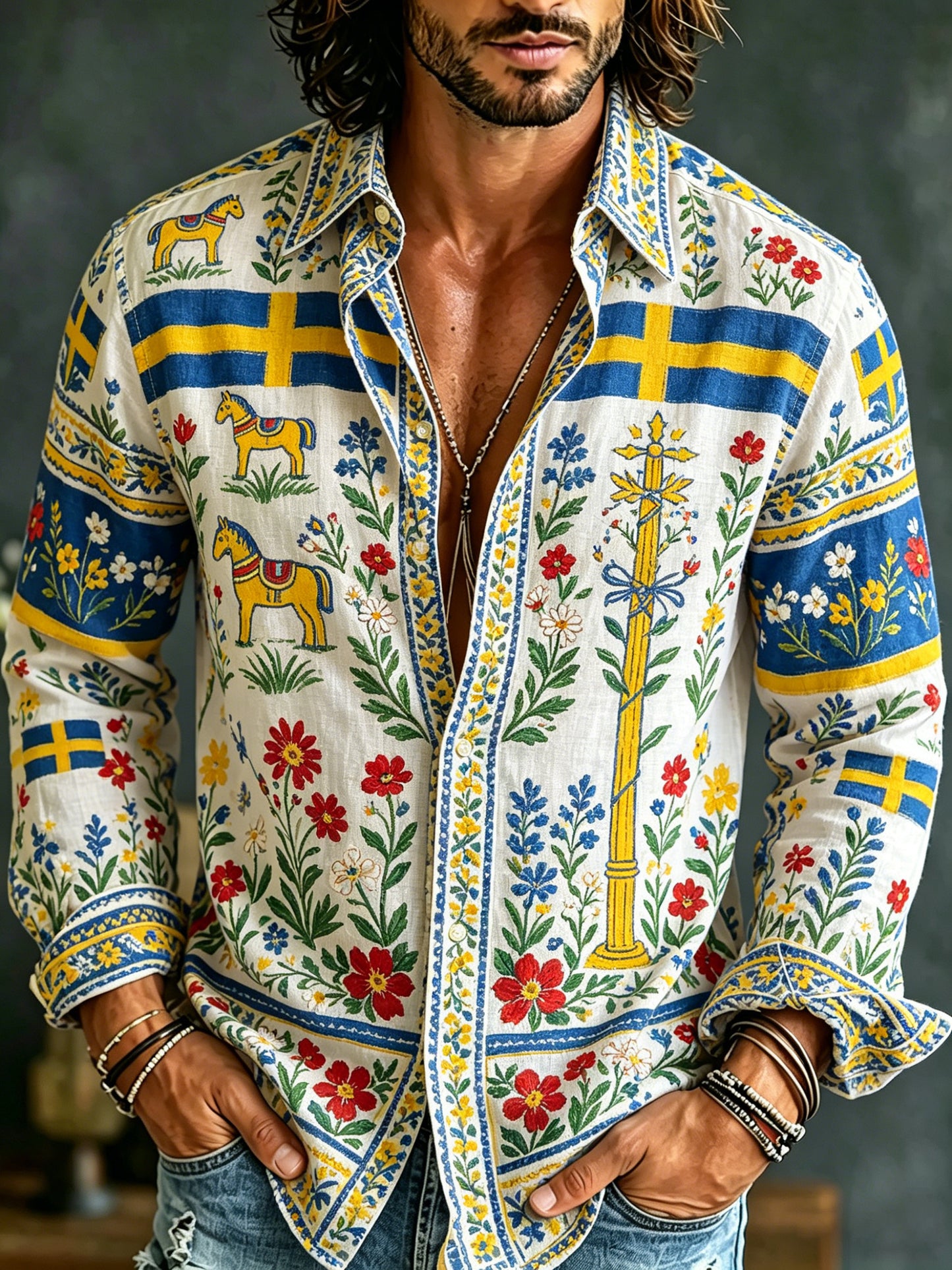 Men's long-sleeved t-shirt with art print commemorating the Swedish Midsummer festival