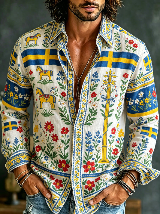 Men's long-sleeved t-shirt with art print commemorating the Swedish Midsummer festival