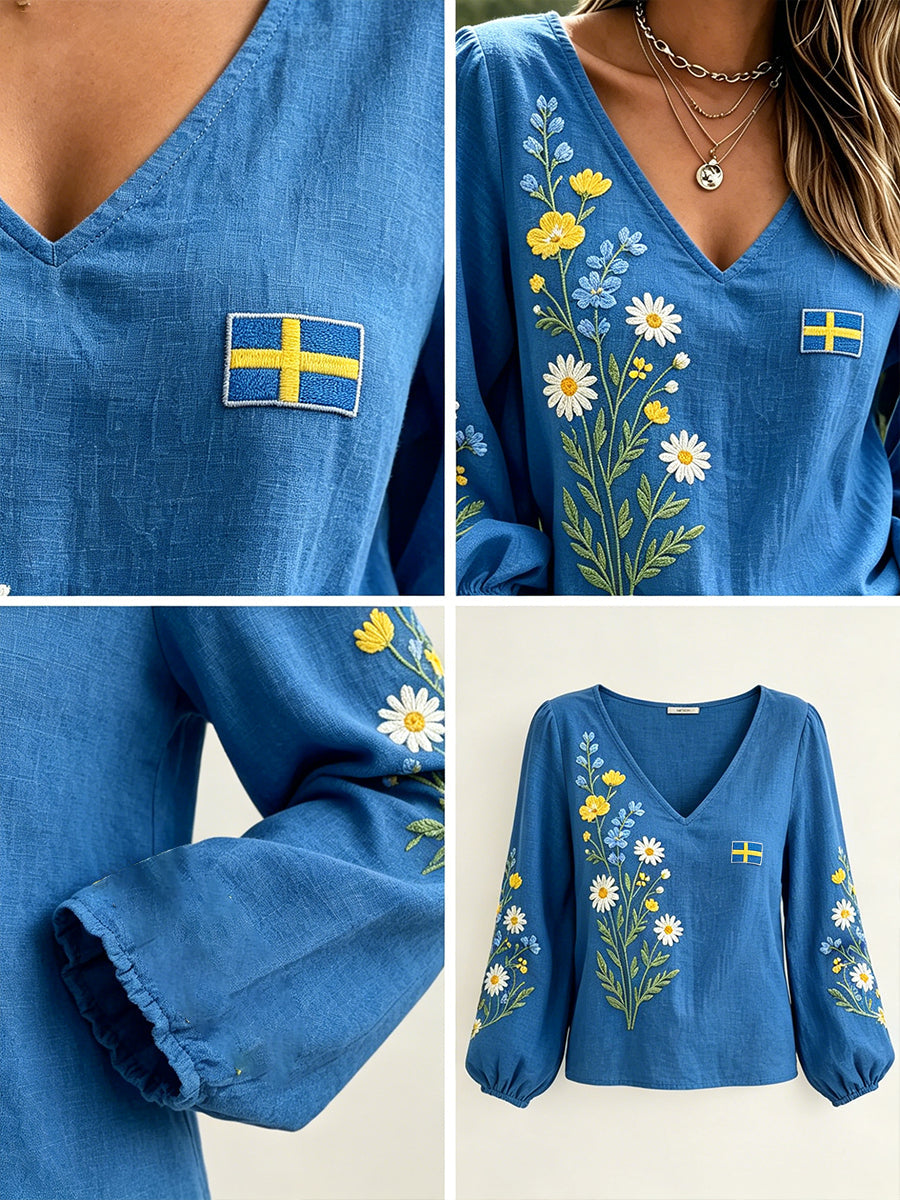 Dams midsummer-topp i linneimitation med blommönster och långa ärmar