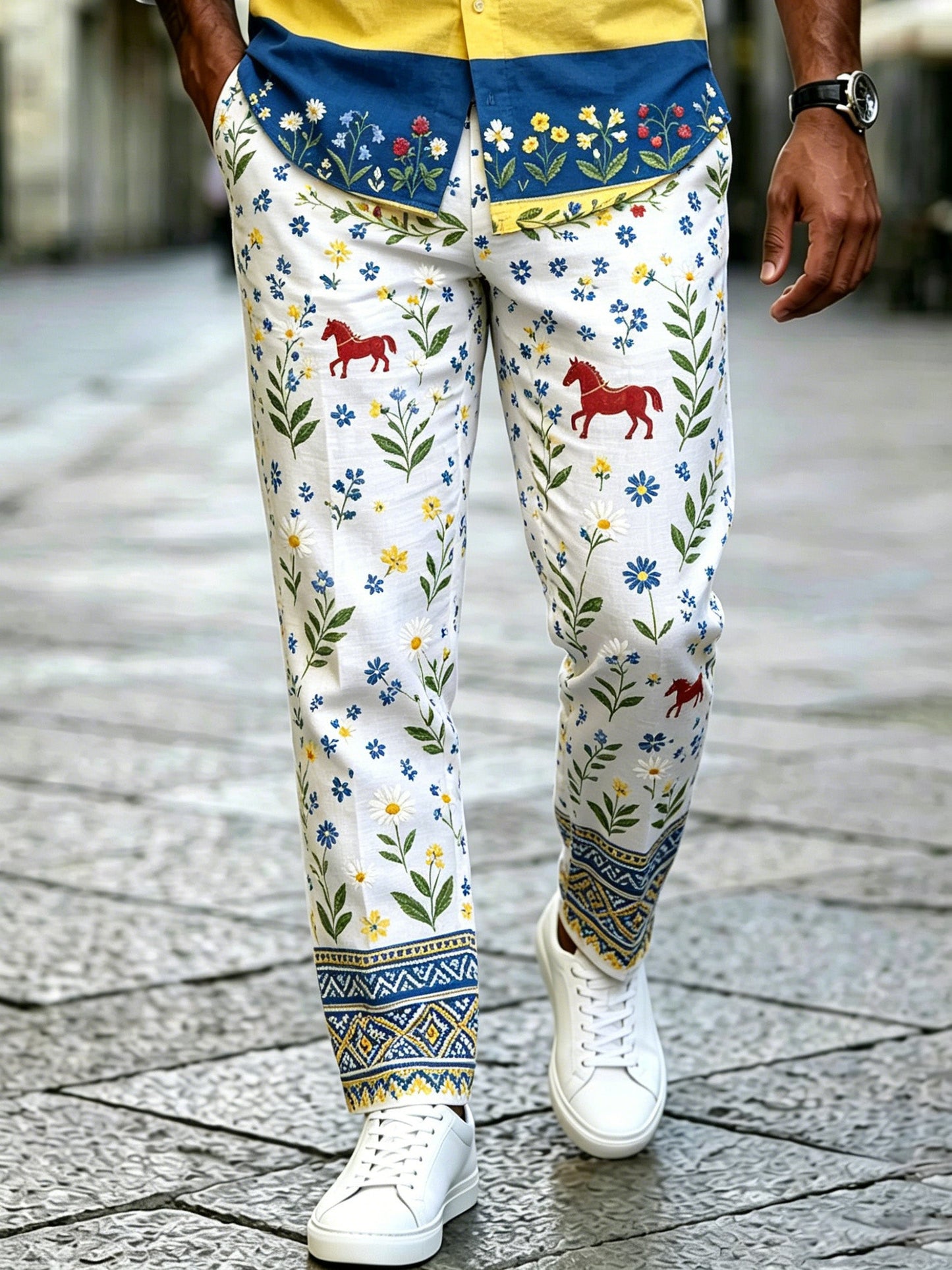 Men's art print trousers celebrating the Swedish Midsummer festival
