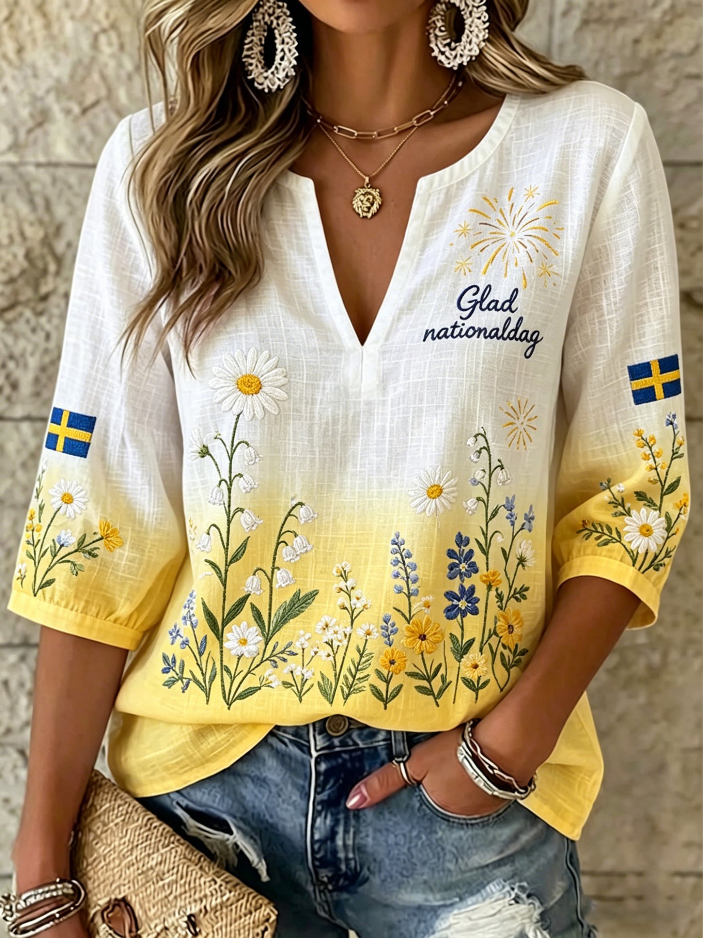 Ladies' Swedish National Day Commemorative Art Print V-Neck Top