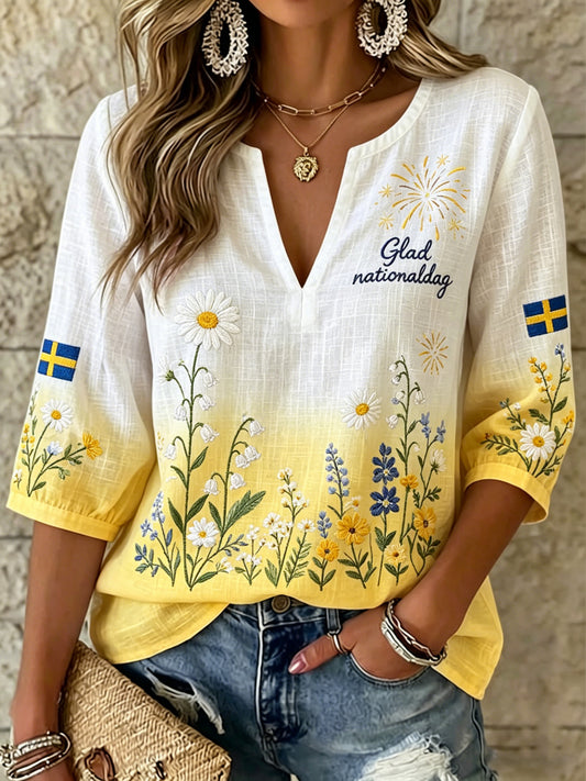 Damer Svensk nationaldag minneskonsttryck V-ringad topp