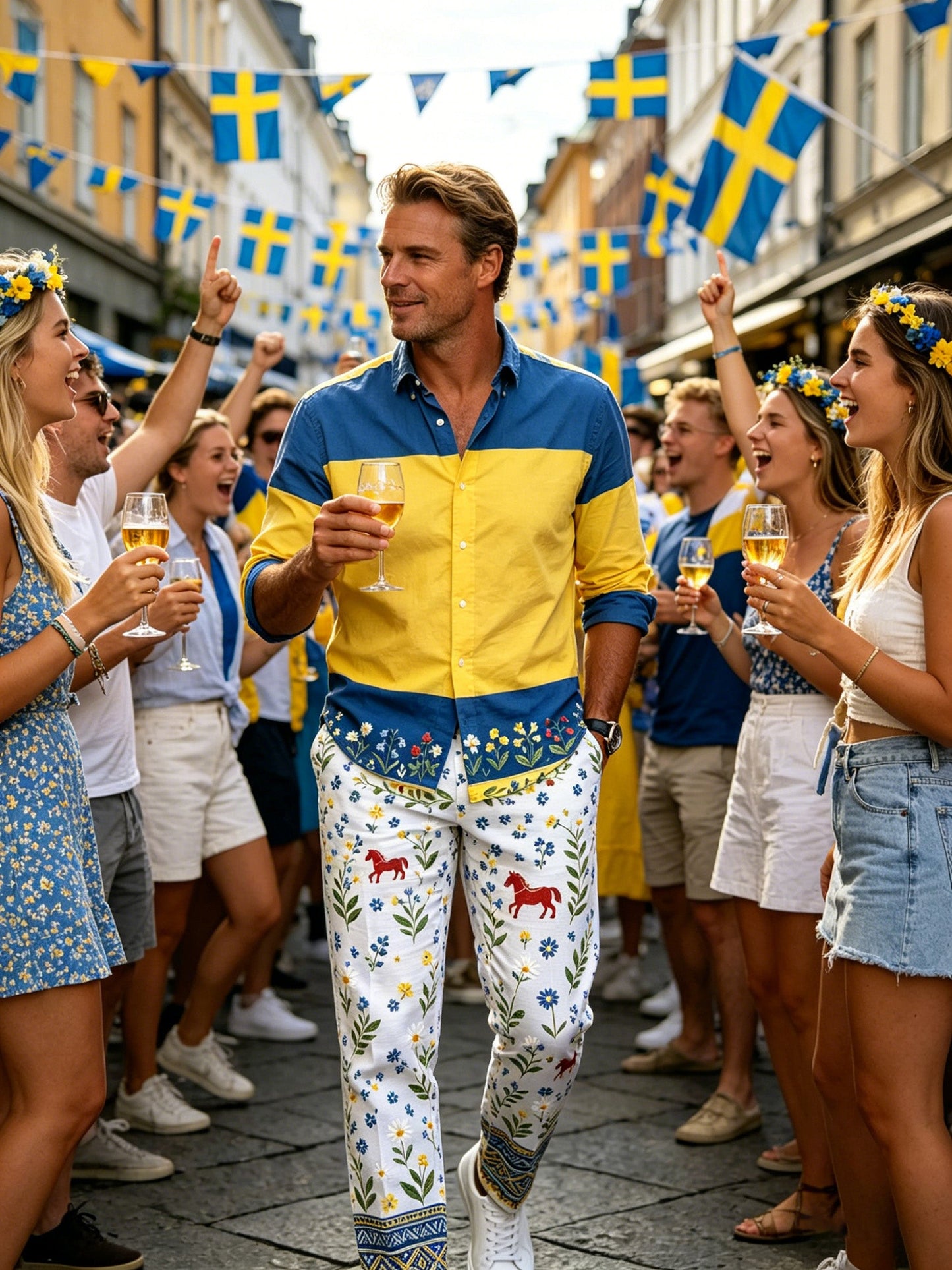 Men's art print trousers celebrating the Swedish Midsummer festival