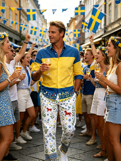 Men's art print trousers celebrating the Swedish Midsummer festival