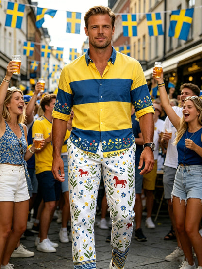 Men's art print trousers celebrating the Swedish Midsummer festival