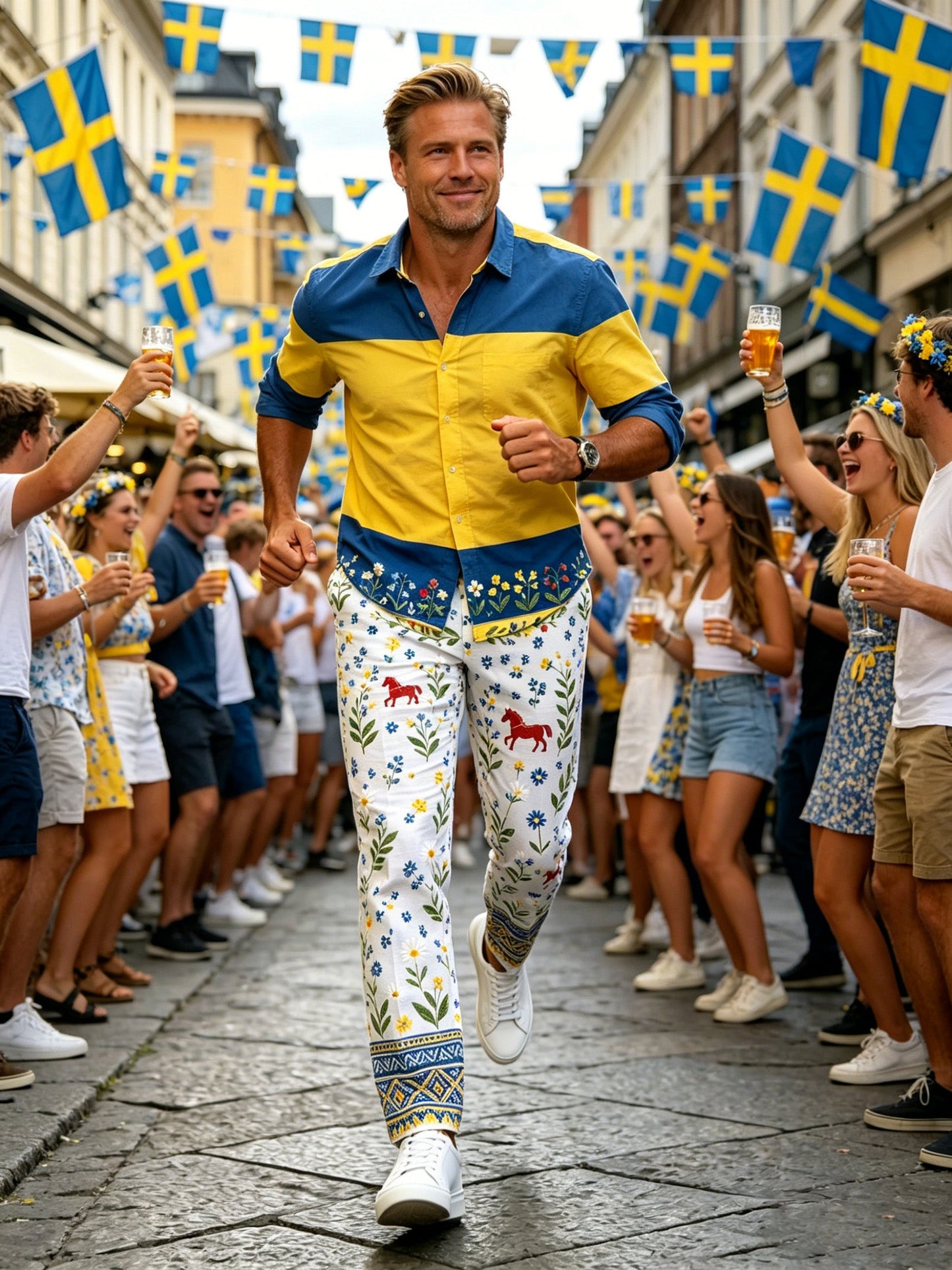 Men's art print trousers celebrating the Swedish Midsummer festival