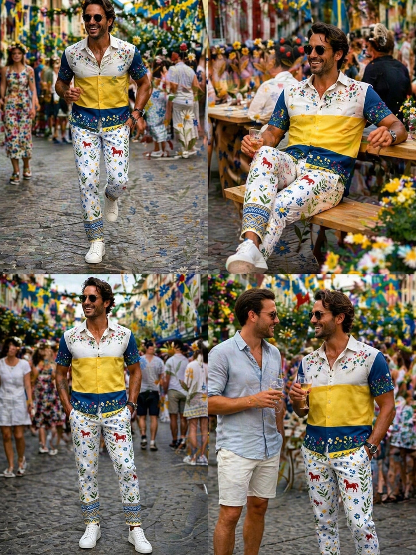 Men's art print trousers celebrating the Swedish Midsummer festival