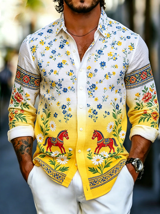 Men's waffle-weave shirt with long sleeves and a floral print for midsummer