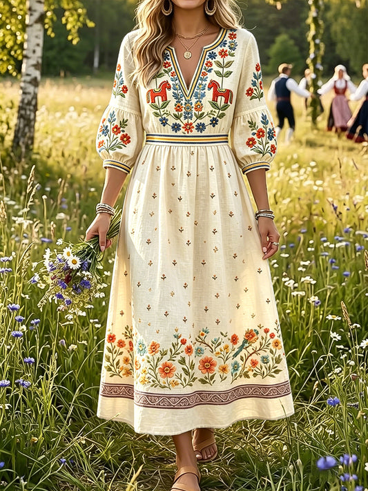 Women's Swedish Midsummer Dala Horse Print Casual Fashion Cotton Linen V-Neck Dress