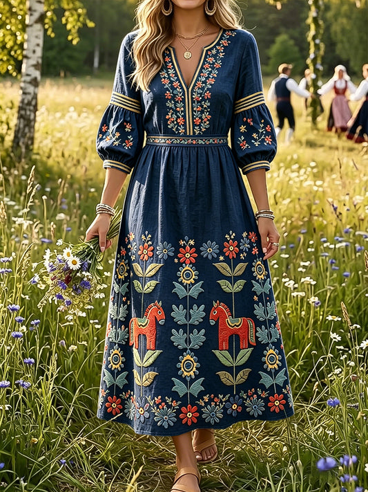 Women's summer dress in deep blue with Dala horse print, in cotton-linen, with V-neck
