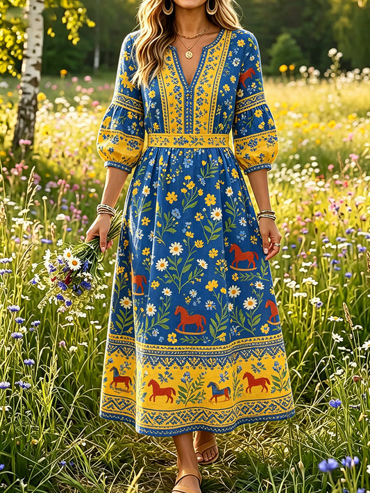 Women's Swedish Midsummer Dala Horse Print Casual Fashion Cotton Linen V-Neck Dress