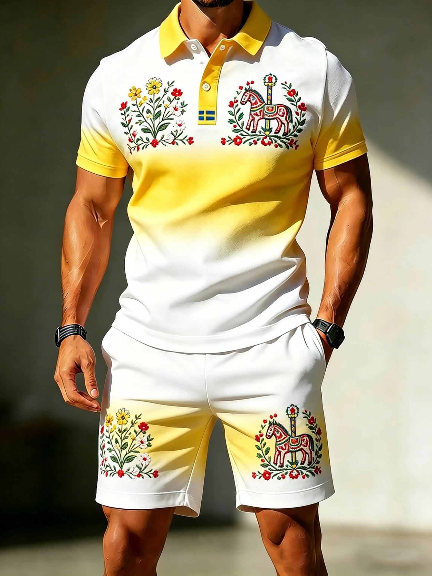 Men's set with art print and polo in connection with the Swedish Midsummer celebration
