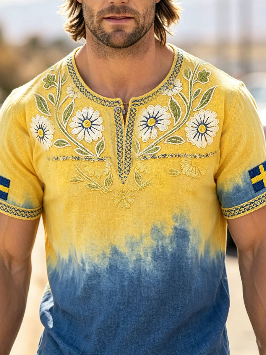 Men's Sweden Fork Art Floral Printed Linen T-shirt