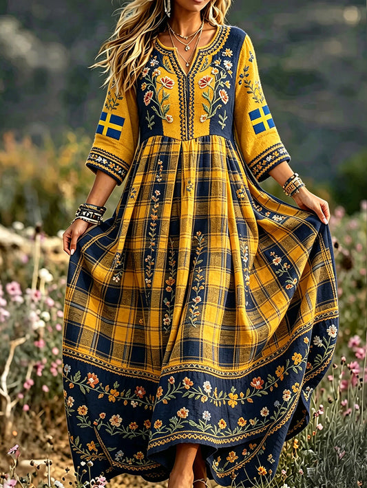 Women's Sweden Fork Art Floral Printed Linen Dresses