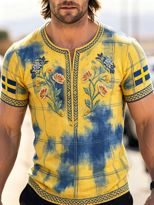 Men's Sweden Fork Art Floral Printed Linen T-shirt