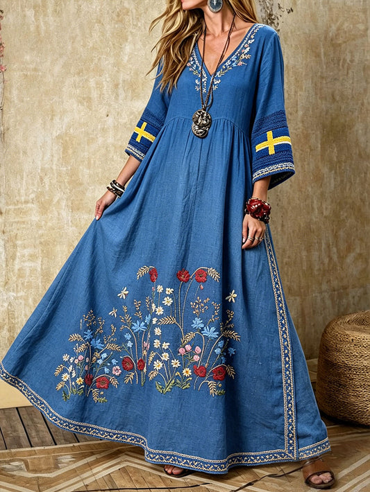 Women Sweden Fork Art Floral Printed Linen Dresses