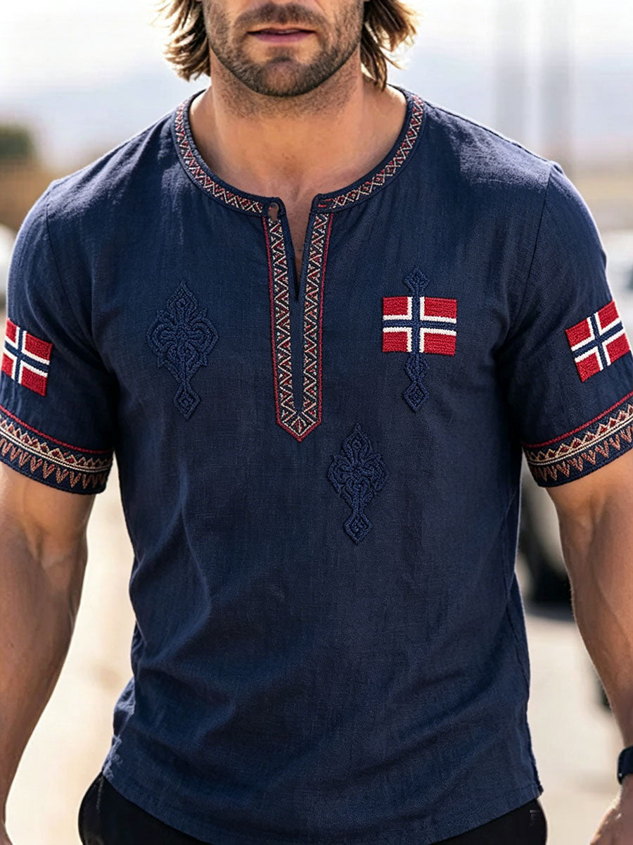 Men's Scandinavian Style Shirt with Norwegian Art Print on Linen