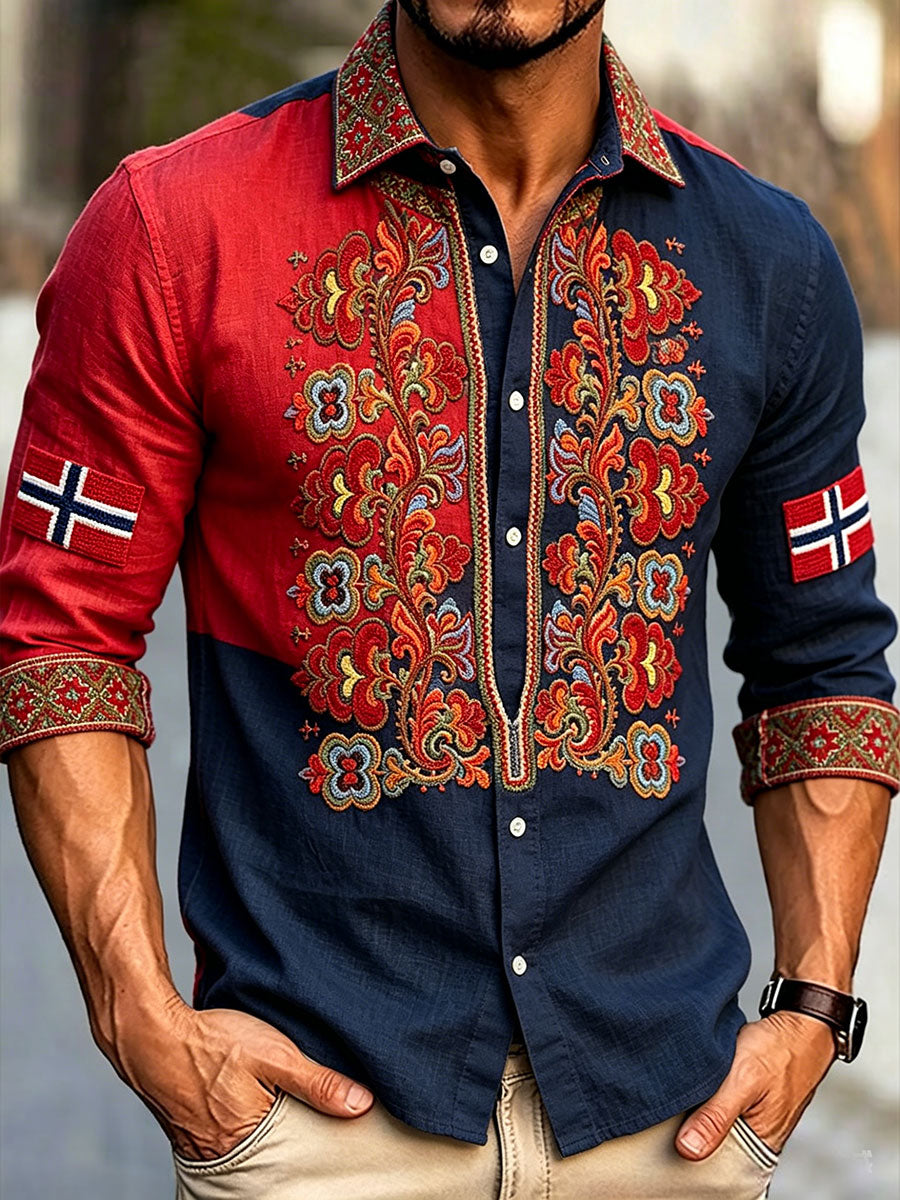 Men's shirt in Scandinavian style with Norwegian art print on linen