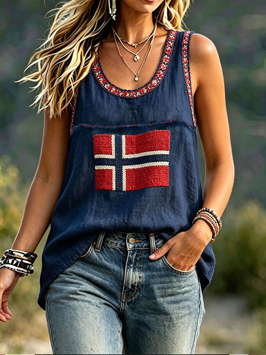 Women Scandinavian Style Norway Art Print Linen Tank Tops