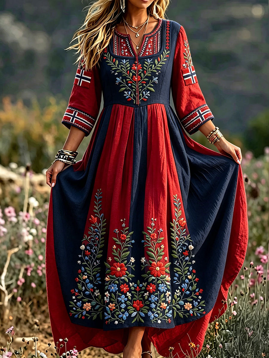 Women Scandinavian Style Norway Art Print Linen Dresses