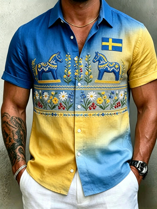 Men's retro Swedish Midsummer folk never-fading floral cotton-linen short-sleeved shirt