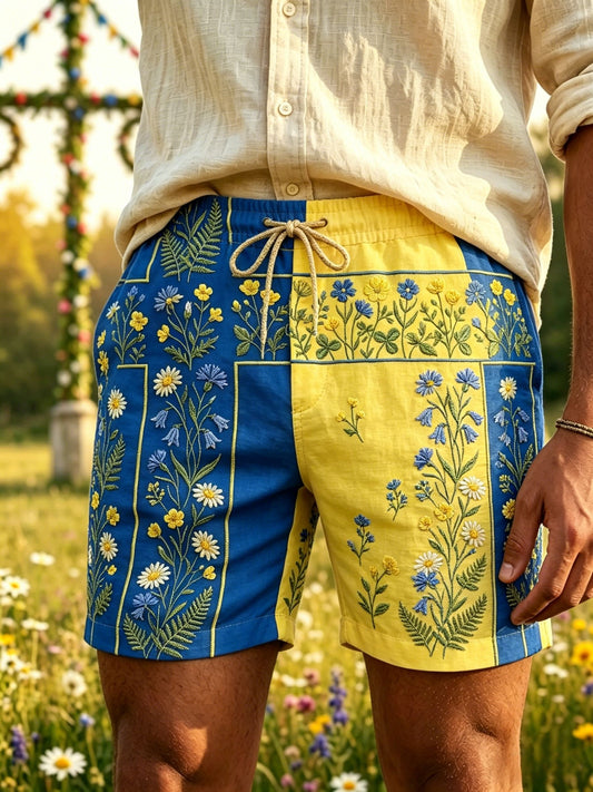 Mens Retro Swedish Midsummer Folk Floral Cotton-Linen Shorts