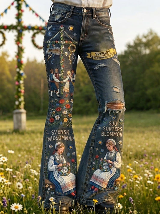 Women's retro Swedish midsummer folkloric flared trousers with floral pattern