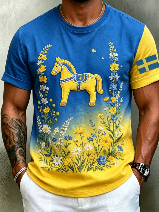 Men's Retro Swedish Midsummer Folk Floral Short Sleeve T-Shirt