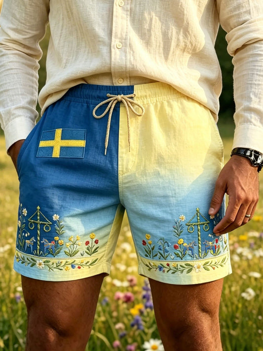 Mens Retro Swedish Midsummer Folk Floral Cotton-Linen Shorts