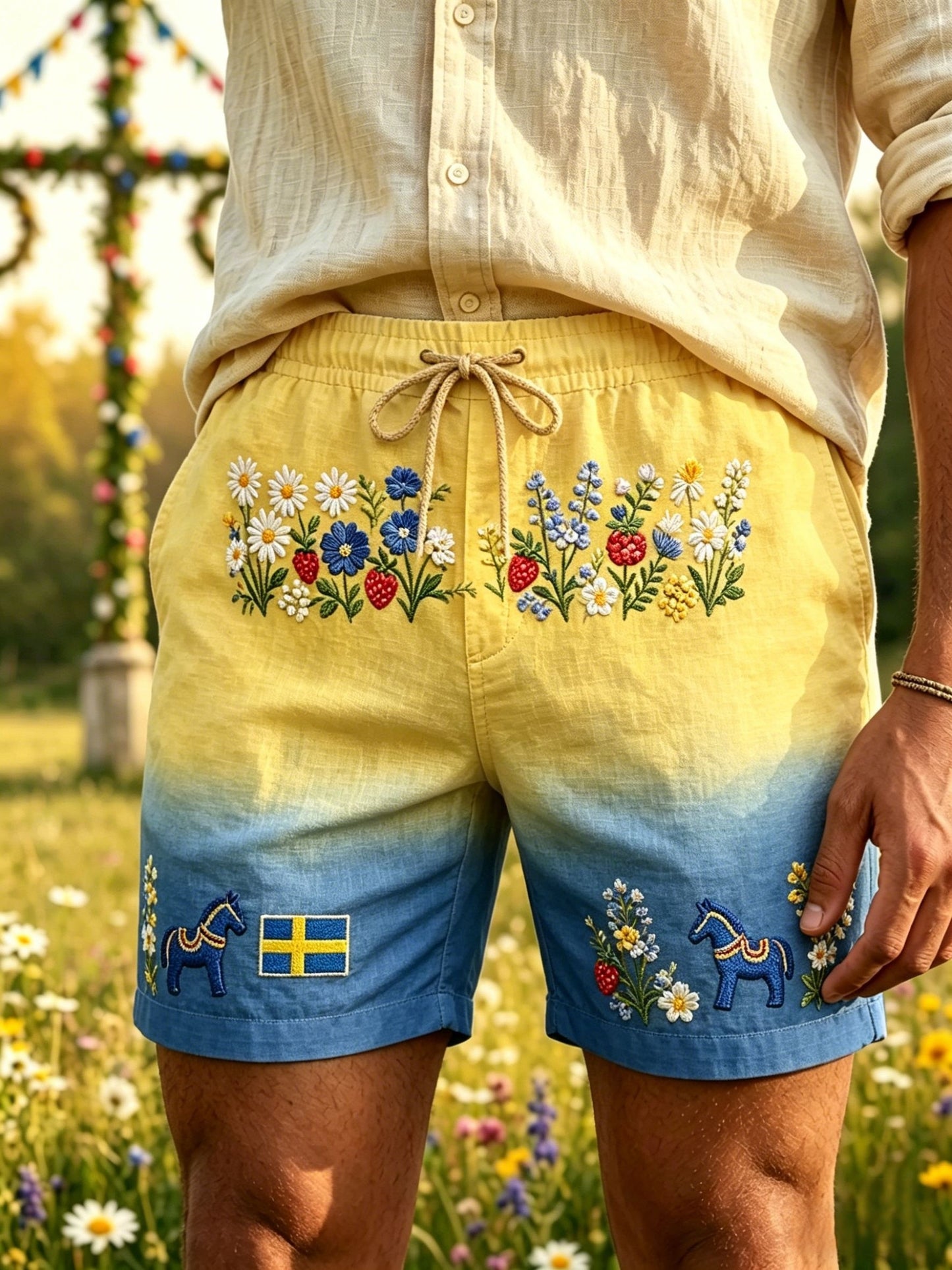 Mens Retro Swedish Midsummer Folk Floral Cotton-Linen Shorts