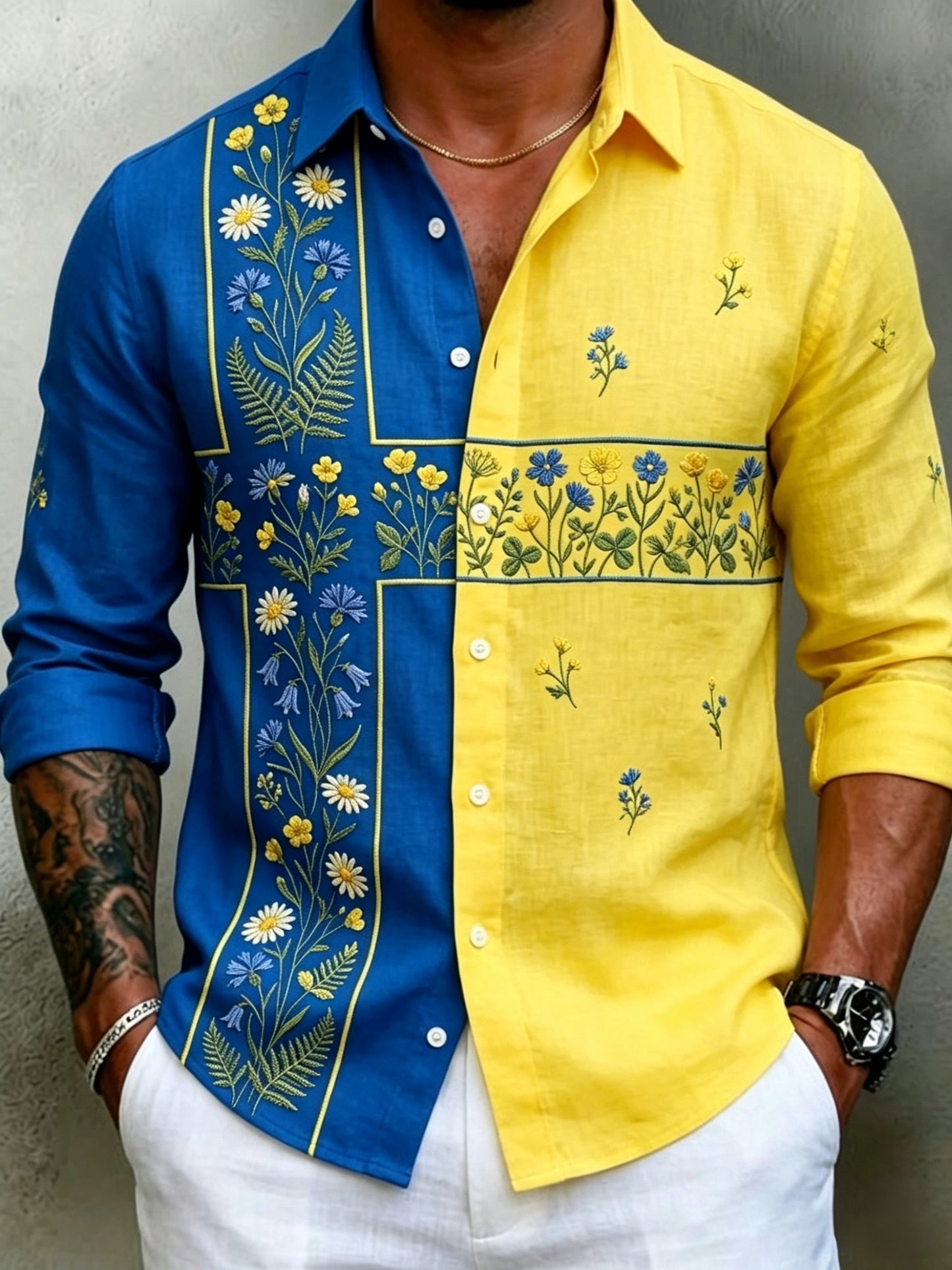 Men's retro Swedish Midsummer folk never floral cotton-linen long-sleeved shirt