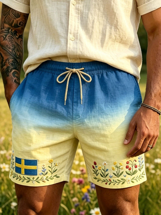 Mens Retro Swedish Midsummer Folk Floral Cotton-Linen Shorts