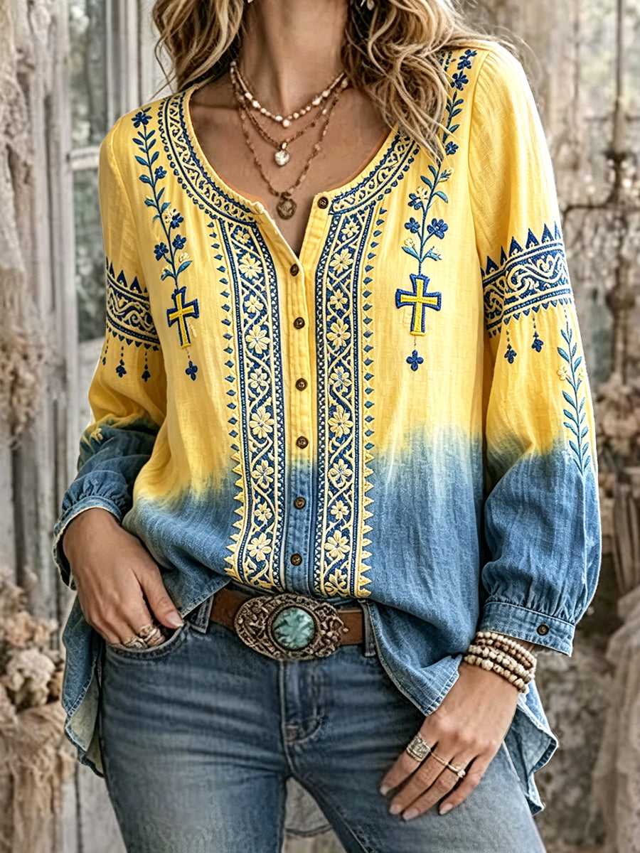Women's cotton-linen shirt with midsummer horse motif and color shift, in Swedish Midsummer style