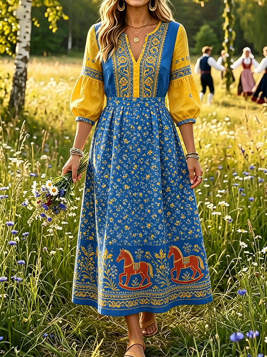 Women's Swedish Midsummer Dala Horse Print Casual Fashion Cotton Linen V-Neck Dress