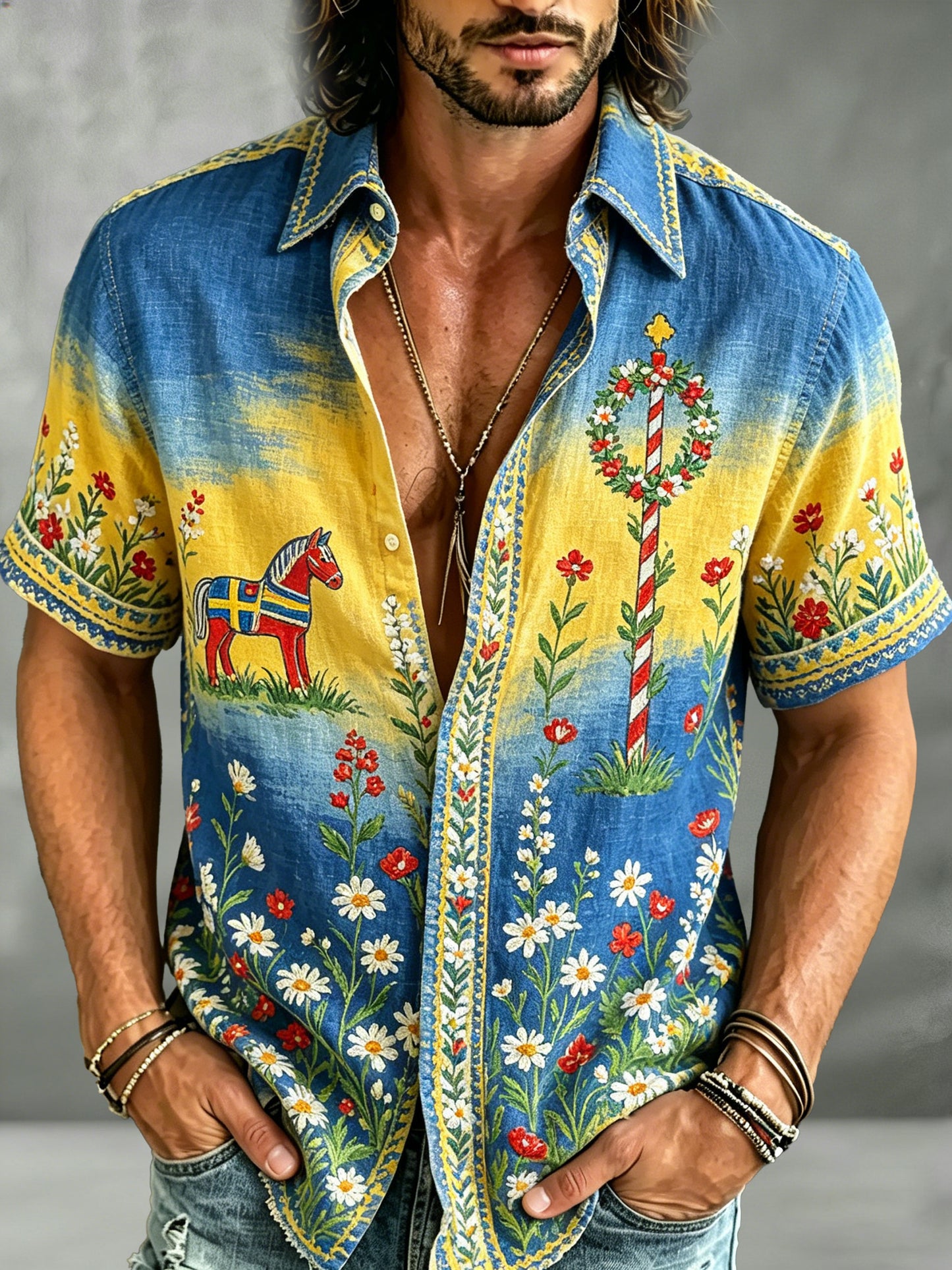 Men's short-sleeved top with an art print celebrating the Swedish Midsummer festival